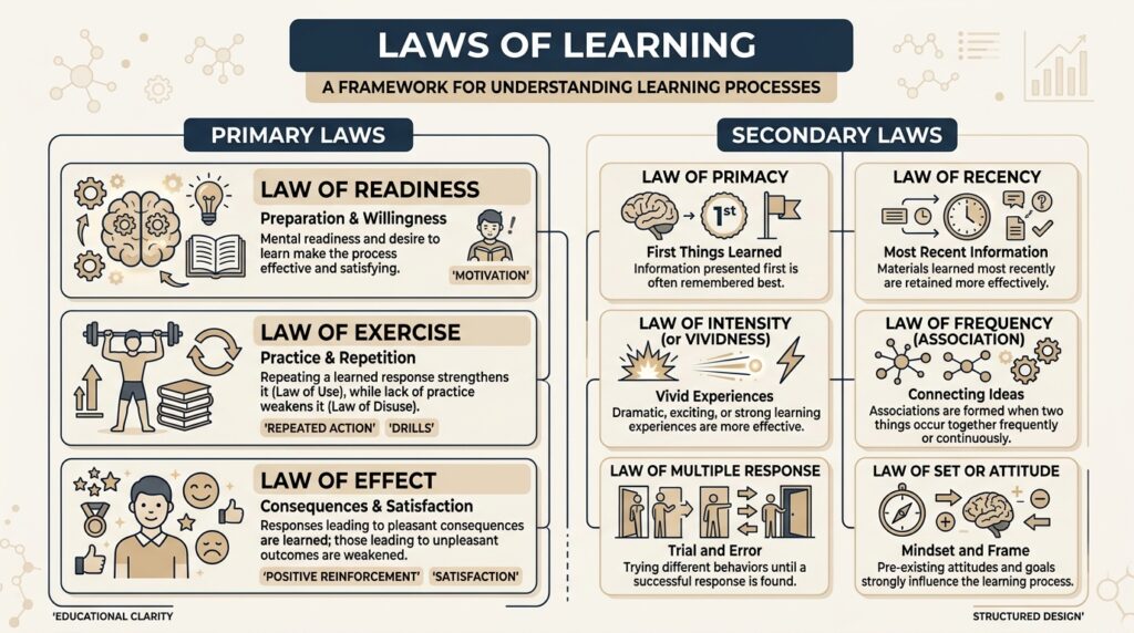 Thorndike's Theory of Laws of Learning

Now we talk about the laws of learning. There are two types of laws that we study:

Primary laws

Secondary or subordinate laws

So, regarding these laws, you should know that there are three primary laws, and all the rest are subordinate laws. Secondly, you should have an idea that if in an exam you are given something, you should be able to identify which law is being talked about.