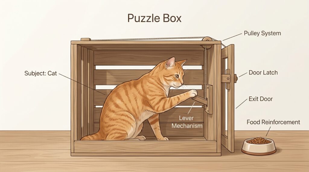 Let us see their experiments once. The experiment that I will tell you about is related to a cat. Now, whenever you search for images related to a cat, you will find many kinds of boxes, and in these, there are different types. Two experiments are there that you should know. The point is that one cat was taken, and that cat was kept inside a box. Now, from here it is transparent, there is a small transparent part here, so just that you should understand, take a room, take one, put the cat inside it, and there an attachment is fixed.