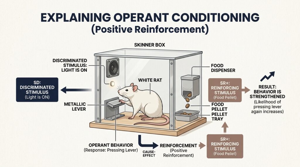 So this term is by B.F. Skinner, and the first thing that you have to remember for every competitive exam is that before B.F. Skinner and Thorndike both talked about operant conditioning. Thorndike gave three main laws and five subordinate laws. You can also call them secondary laws. The law of effect is one of these three laws. Skinner’s experiment is based on this law of effect.