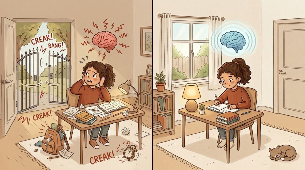 In negative reinforcement, what happens is you remove some distracting thing or any wrong thing from there. For example, your child is sitting in a room and studying, and because of storm or environment some gate is making noise again and again, because of that noise the child is getting disturbed. What did you do, you closed that gate or locked it, so the sound of the gate stopped. So what happened, something wrong was happening, you removed that for distraction, this is negative reinforcement because now he can study peacefully. So here also reinforcement came, behavior strengthened.
