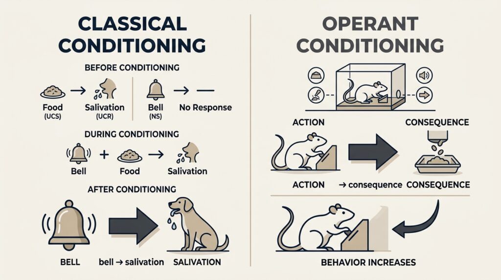 In classical conditioning, the response is involuntary, like in the dog experiment salivation was involuntary.

But in operant conditioning, the response is voluntary, like the rat is moving, pressing lever.

In classical conditioning, reinforcement occurs before response, like bell rings before salivation.

But in operant conditioning, reinforcement occurs after response, like after pressing lever food or current comes.

In classical conditioning, the dog was tied, but in operant conditioning the rat is free to move.

In classical conditioning, artificial stimulus creates natural response.

In operant conditioning, behavior depends on consequences like food or current.