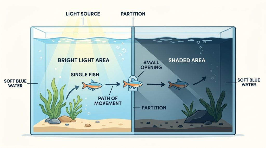 Fish Experiment

Now you should also know another experiment related to fish. What they did was that there were two partitions, but a partition was made in one of them. Inside that partition, a small hole was left so that if the fish tries, it can cross. Just like it was said here that if the cat tries, after pressing, it can come out. So they took fish, and they used them in their experiment. And the tendency of the fish is considered such that it likes to stay in a shaded area; it does not like light.