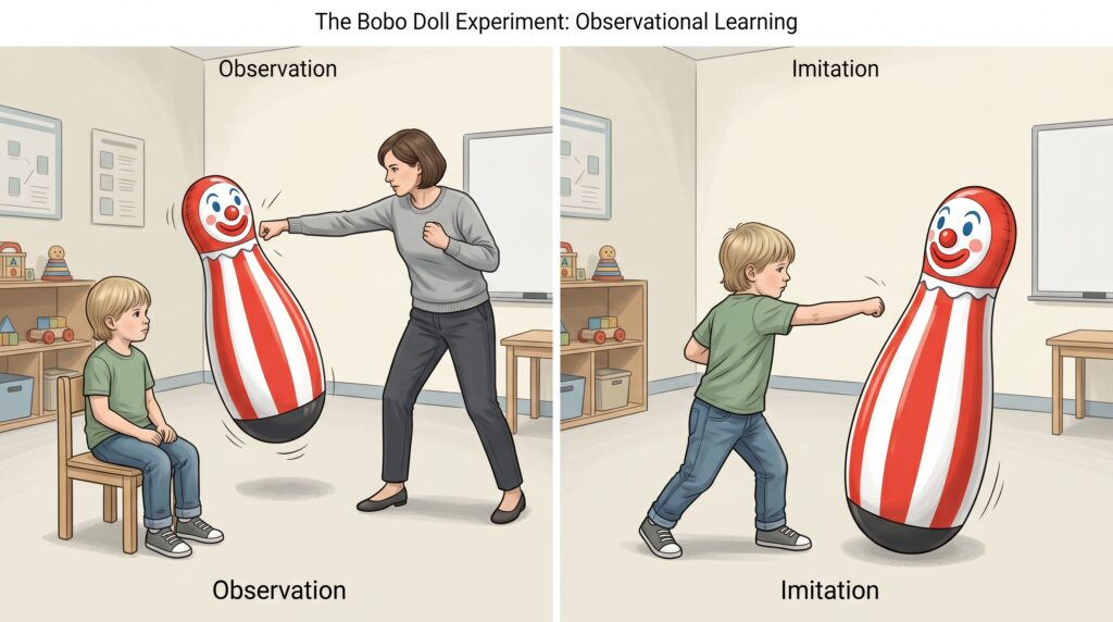 Bobo Doll Experiment

To explain this process of modeling, or to explain this theory, Albert Bandura demonstrated on some children. The children who are learning, imitating behavior, are learning by observing other people. For this, he gave a Bobo Doll experiment.
What is Bobo Doll? It is a kind of doll, meaning you can assume that if you hit it, it will take it in a fluffy way, like it bounces back, and then it will fall and again stand up, so like that you can assume a cartoon type.