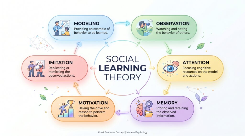 Social Learning Theory explains that people learn through observation, imitation, and modeling. It works as a bridge between behaviorist and cognitive learning by including attention, memory, and motivation. The Bobo Doll experiment clearly shows how children imitate behaviors they observe, especially aggressive actions. The four principles—attention, retention, reproduction, and motivation—define the complete learning process. Reinforcement and punishment play an important role in shaping behavior. Various personal, social, and environmental factors also influence learning. Overall, this theory highlights that learning does not always lead to behavior change but depends on multiple conditions.