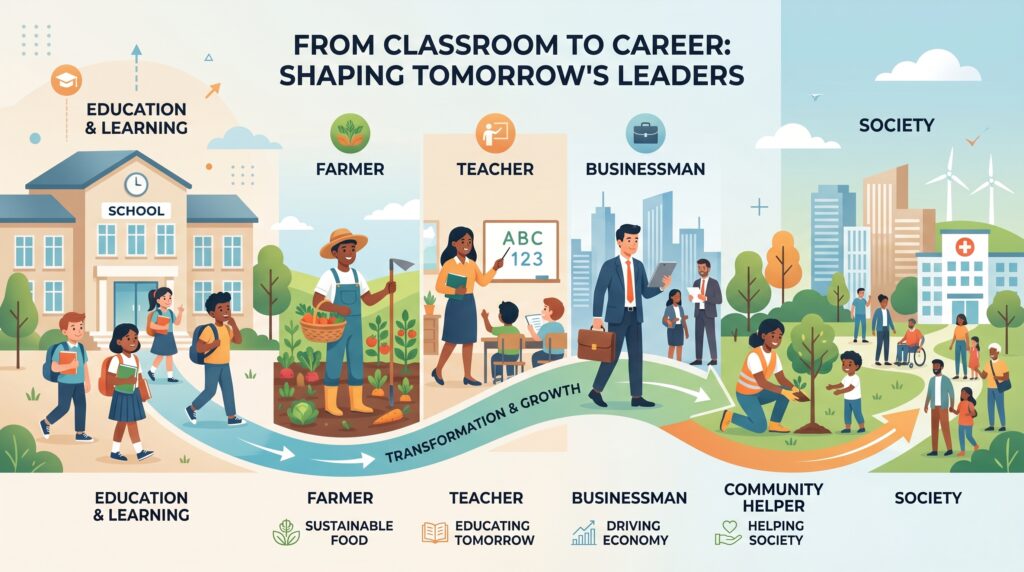Think of it like this: if a student comes out of school as a sensible individual, they will serve the community. That is, society—whether as a farmer, a businessman, or possibly as a good teacher.