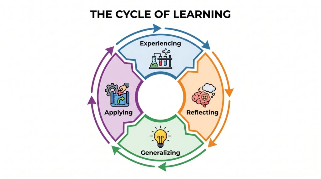 According to Dewey, experiential learning is a cyclical process which has four stages:

Experiencing
Reflecting
Generalizing
Applying