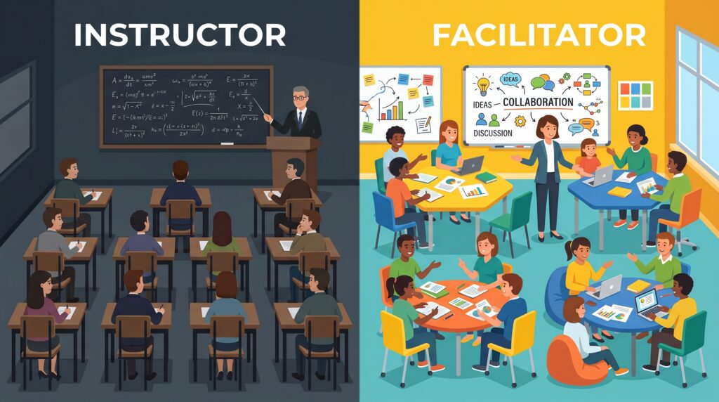 Dewey’s fourth idea was the teacher as a facilitator. This means the role of the teacher should be like a facilitator. Dewey said that a teacher should not be like an instructor, but rather like a facilitator—not an instructor who fills all the information into the student’s mind and says memorize it and bring it to the exam, only then will you get good marks—but the teacher should be a facilitator who helps students explore their interests and develop their own understanding of the world, not impose their own thinking on students.
