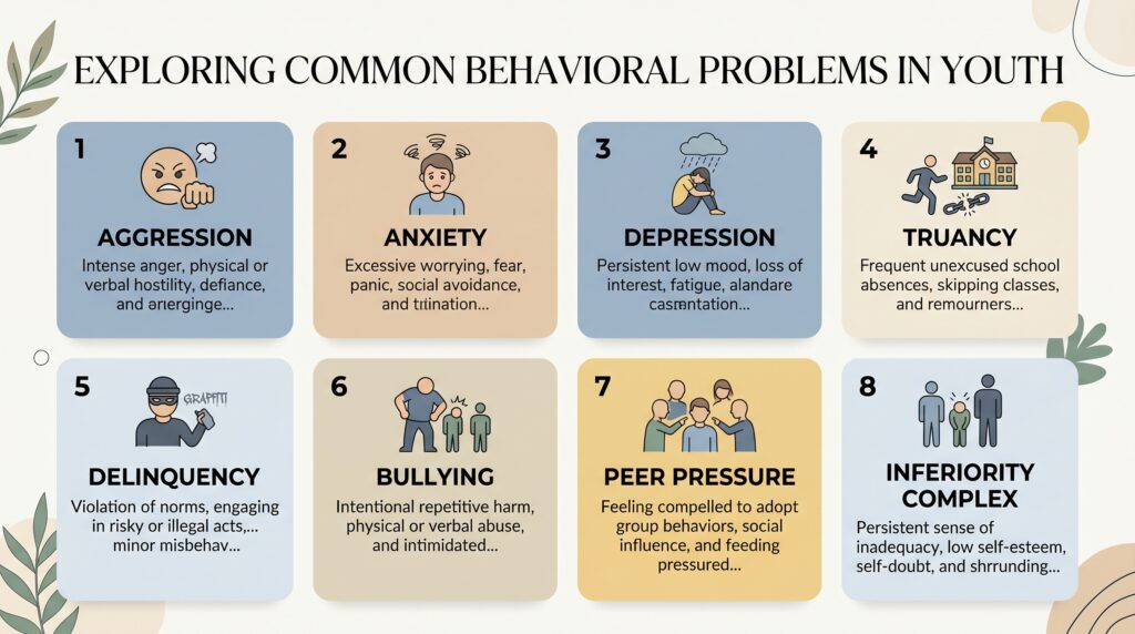 Common Behavioral Problem in Adolescence

Aggression and anger issues

Anxiety and depression

Truancy (absence from school)

Delinquency (anti-social behavior)

Bullying

Peer pressure

Inferiority complex

Maladjustment