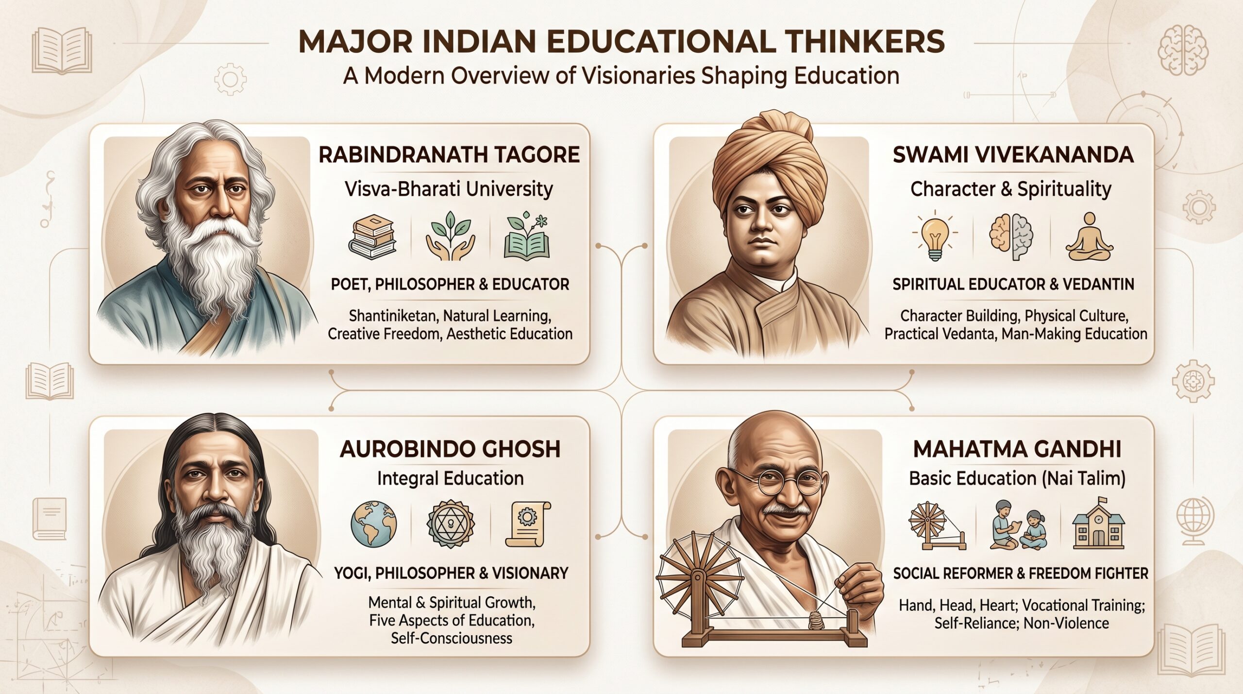 When it comes to educational thinkers, a few names consistently dominate exam syllabi and discussions—Rabindranath Tagore, Swami Vivekananda, Aurobindo Ghosh, and Mahatma Gandhi. Among them, Rabindranath Tagore holds a unique place,