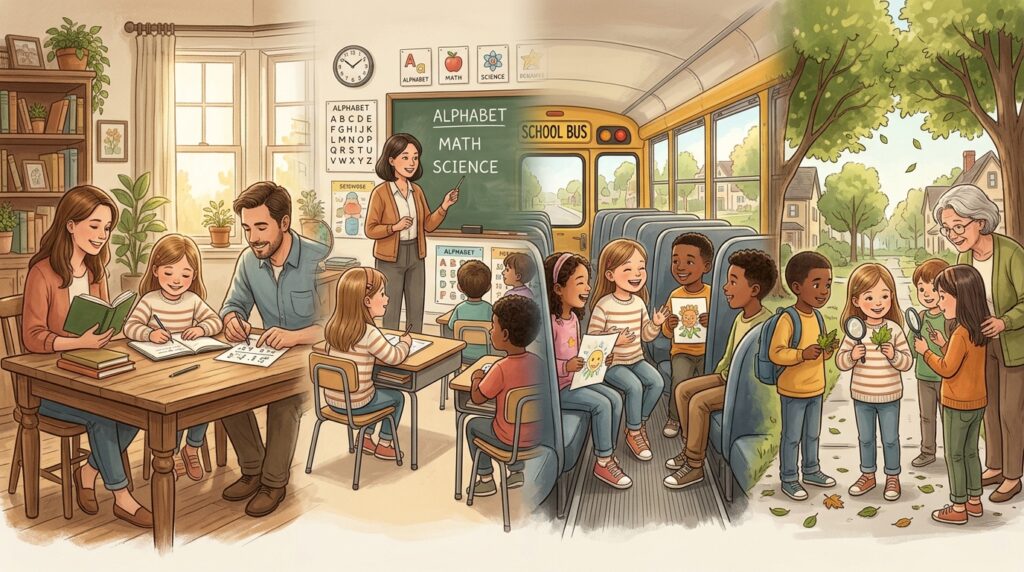 A child does not learn everything only in school.
If he is traveling in his school bus, many things happen to him
He learns a lot from his friends
He experiences a lot
Plus at his home, in his neighborhood—means outside also, beyond school boundaries, he learns a lot