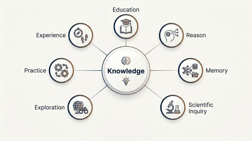 Sources of Knowledge
Read this—knowledge can be acquired in many different ways and from different sources.
See, knowledge is not derived from only one place; there are different sources of it and not limited sources:
Experience
Education
Reason
Memory
Scientific inquiry
Exploration
Practice