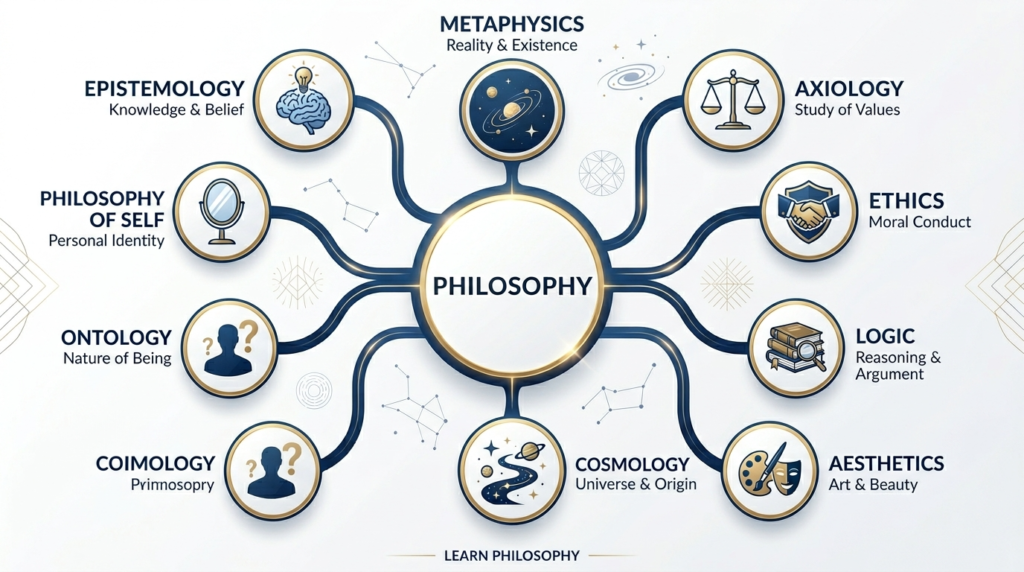 Now “Branches of Philosophy.” This is also a completely philosophical topic, obviously because we are talking about philosophy, so you should definitely know these terms, the branches of philosophy.